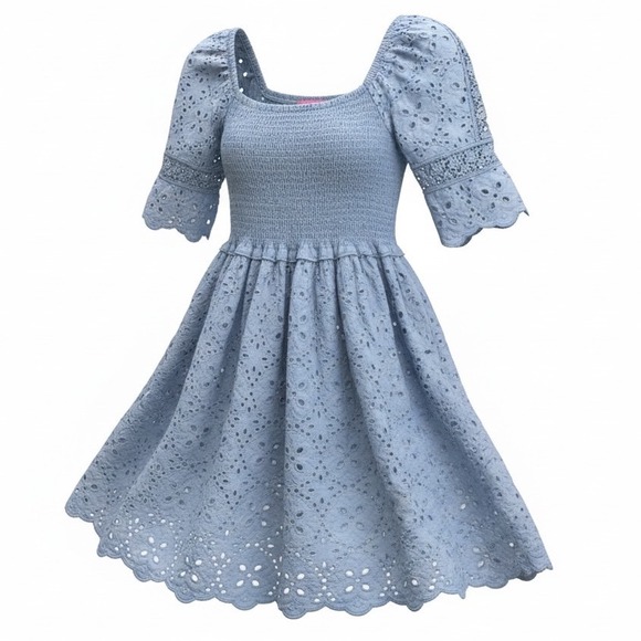 Betsey Johnson Dresses & Skirts - Betsey Johnson Blue Eyelet Smocked Mini Dress Sweetheart Puff Sleeve croquette